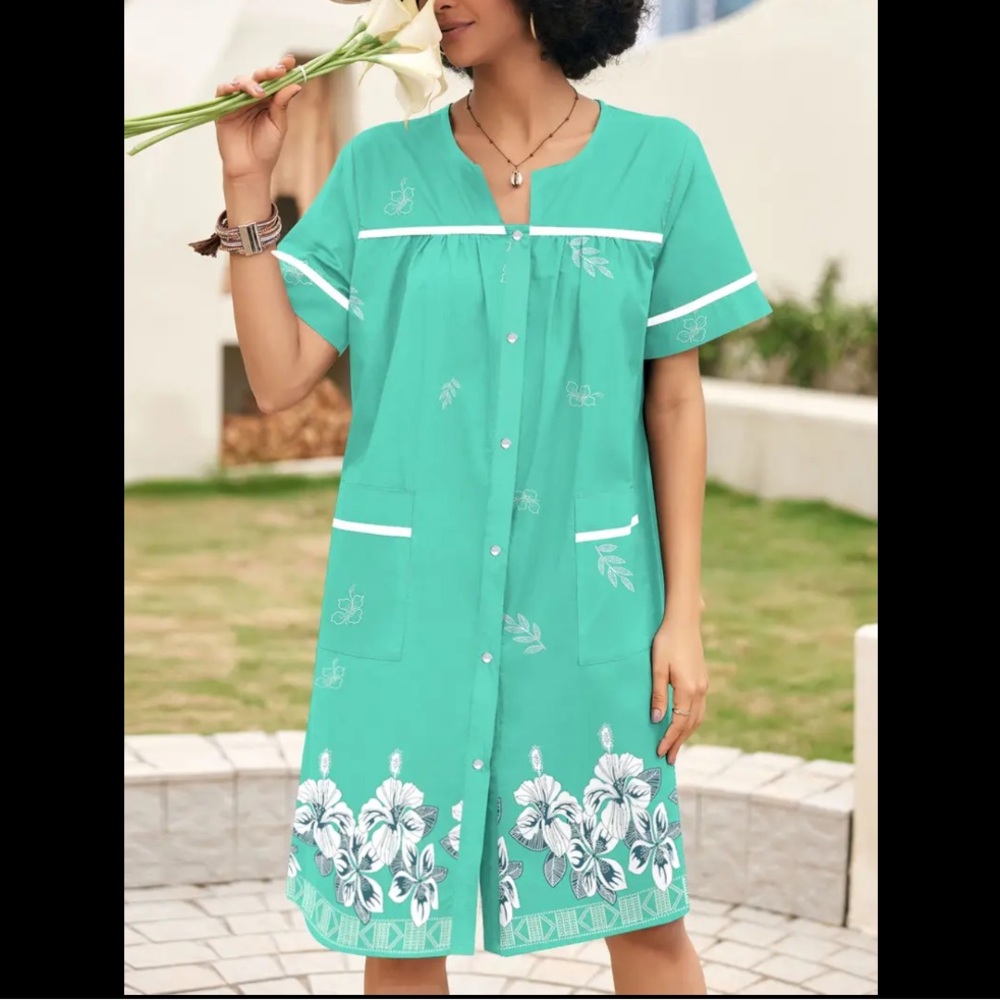 Ekouaer - Floral Button-Down Dress in Teal and White - Picture 6 of 6